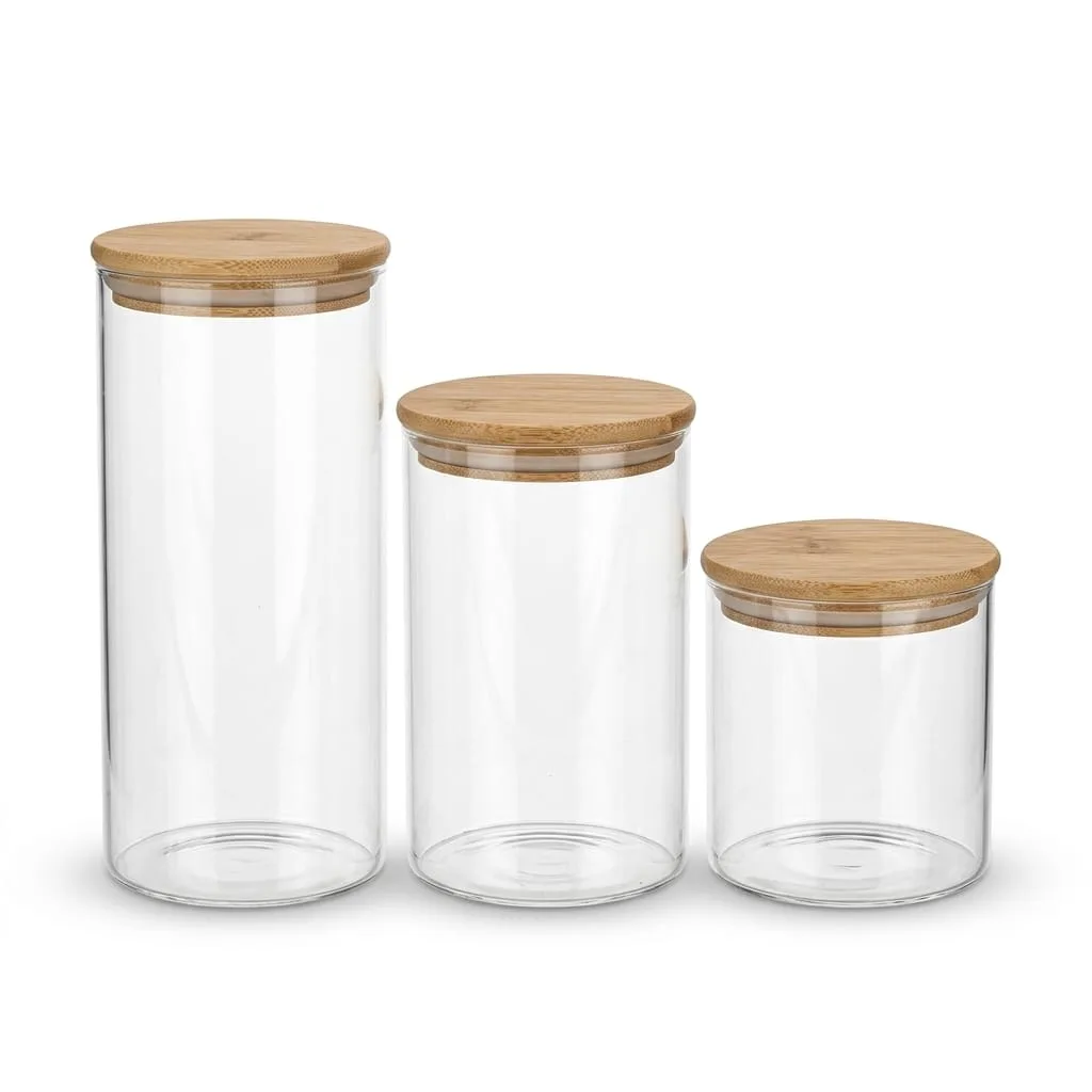 Set of 3 Glass Pantry Storage Jars with Wooden Bamboo Lids | Airtight Kitchen Container Set for Coffee, Spice & Countertop Organization in Basswood