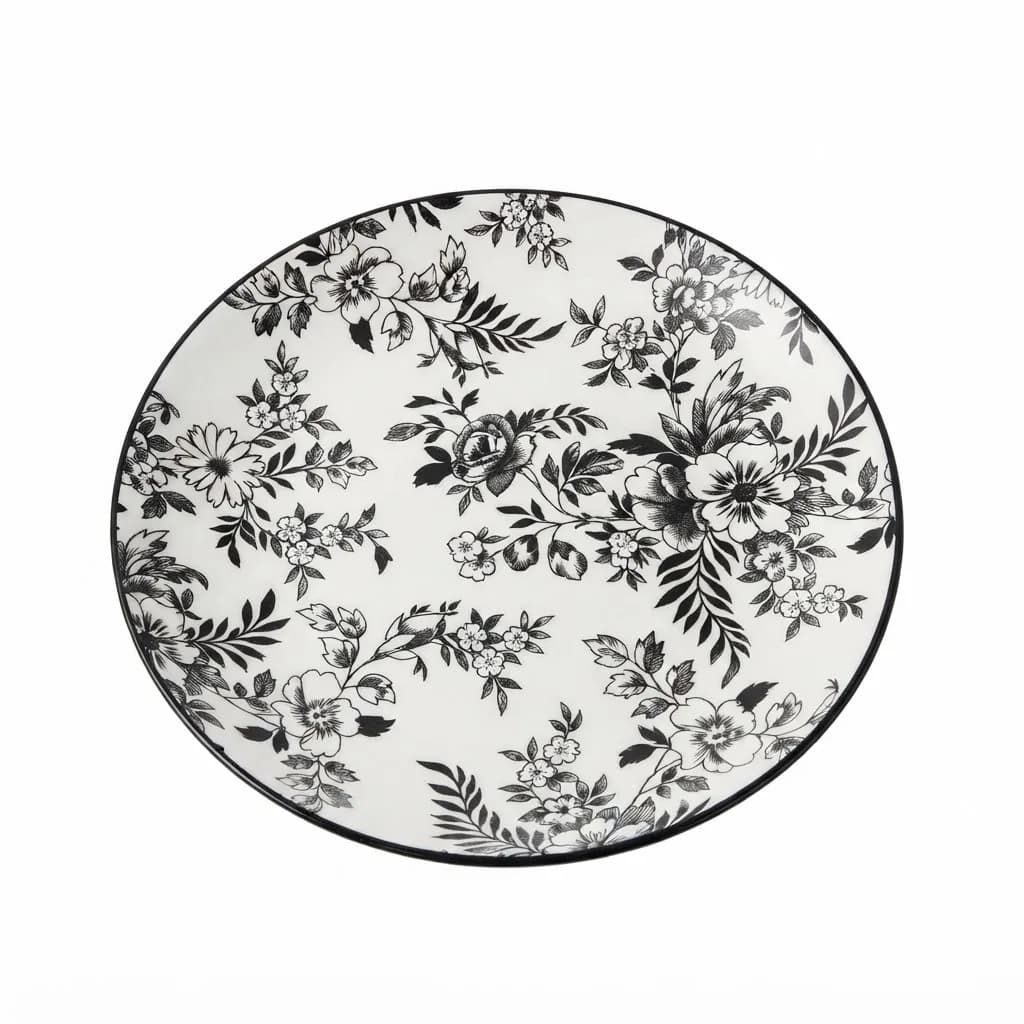 Elegant Black & White Floral Fine Porcelain Dinner Plate - 10.5-inch in Black Boudoir