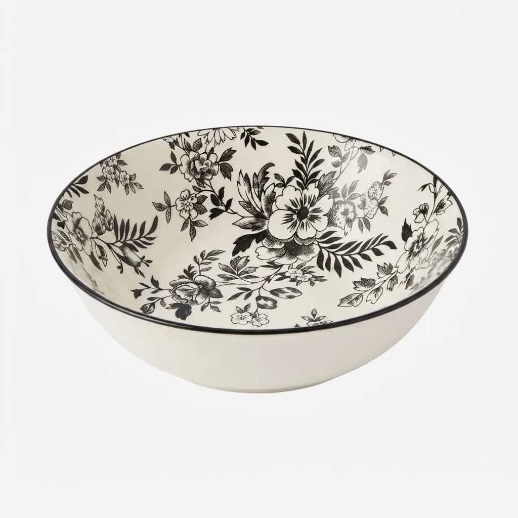 Black & White Floral Fine Porcelain Bowl | 9-Inch Serving Bowl, Dishwasher & Microwave Safe in Black Boudoir